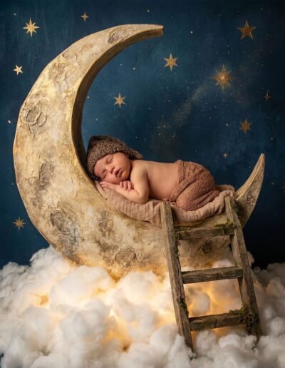 Bebé recién nacido en luna en sesión de fotografía newborn en Jerez de la Frontera