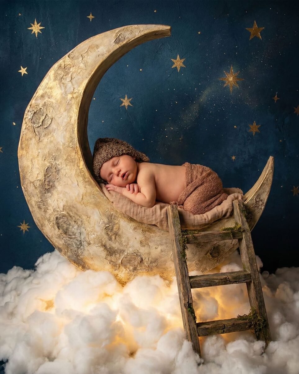 fotografía newborn en Jerez bebé durmiendo en luna dorada