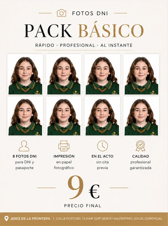 Pack básico fotos de carnet en Jerez por 9 euros, impresión incluida