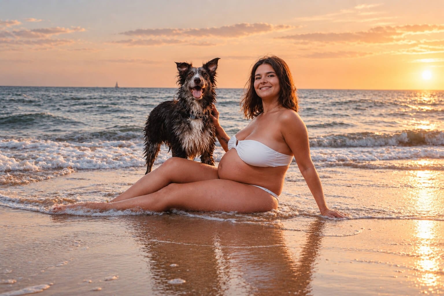 Fotografía premamá con luz de atardecer en la costa de Cádiz